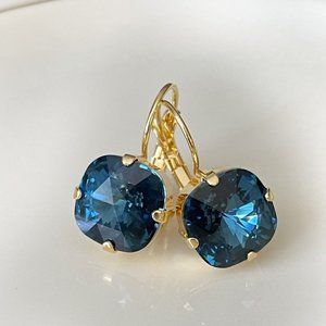 Navy blue cushion cut crystal earrings 12mm or 10mm drop earrings